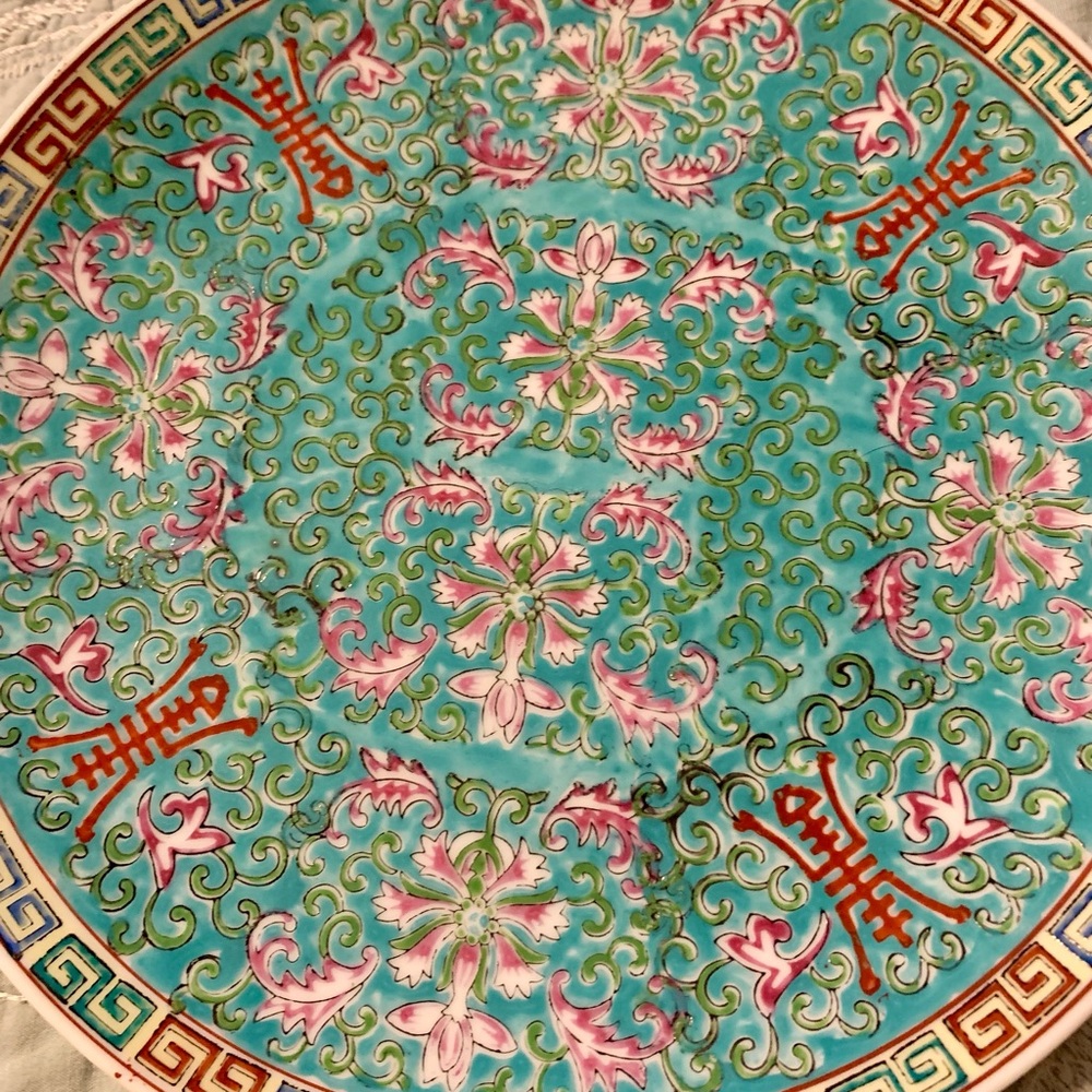 20th Century Turquoise Ground Famille Rose Plate Made in Japan.